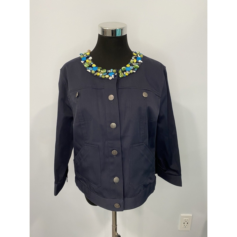 Ruby Rd Blue Denim Jacket Sz 12 Classic Style Button Front w/ JEWELS